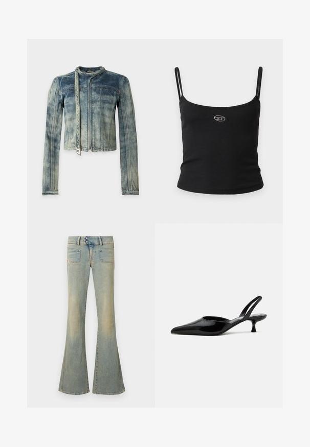 Veste en denim bleu délavé à manches longues, fermeture éclair devant et ceinture attachée autour du cou, sur un fond uni.; Haut caraco noir côtelé avec fines bretelles et petit logo métallique au centre. Le tissu semble extensible et près du corps.; Jean évasé bleu en denim, présentant une finition délavée, deux poches avant, deux poches arrière, et une fermeture à double bouton à la taille.; Chaussure slingback à talon kitten en cuir verni noir avec bout pointu et talon bas incurvé sur fond clair uni.
