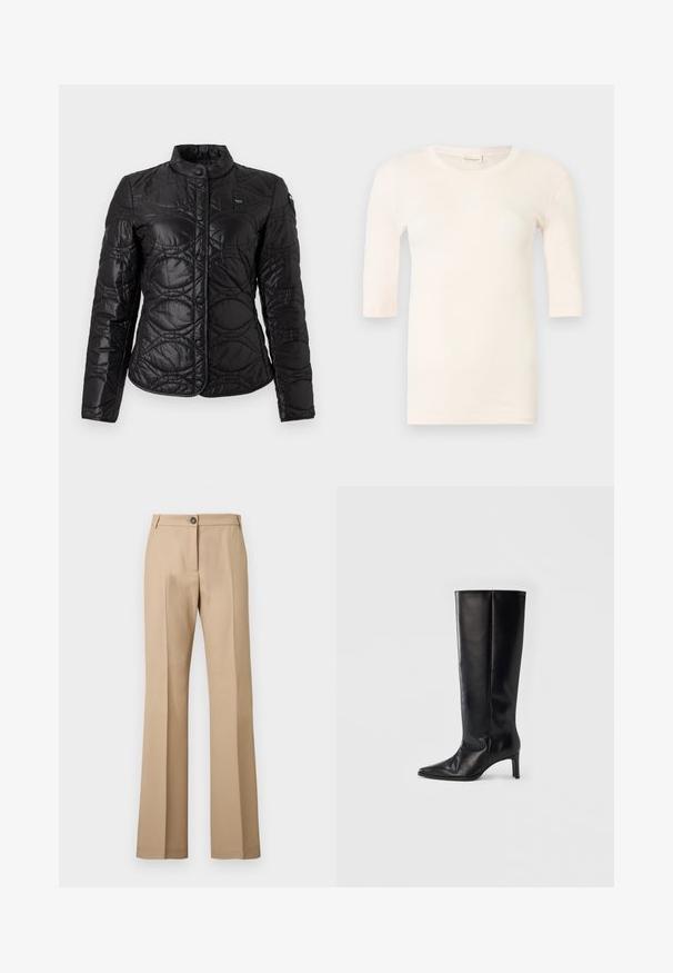 Veste matelassée légère noire avec boutons pression à l'avant, col montant, manches longues et motif de coutures circulaires discrètes.; Haut en maille rose clair à manches courtes avec encolure ronde et silhouette ajustée, présenté sur un fond clair uni.; Pantalon beige à jambe droite avec pli avant, fermeture par bouton et passants pour ceinture, présenté sur un fond uni.; Bottes noires montantes en cuir lisse, avec un bout pointu et un talon fin, une tige ajustée et un design minimaliste.