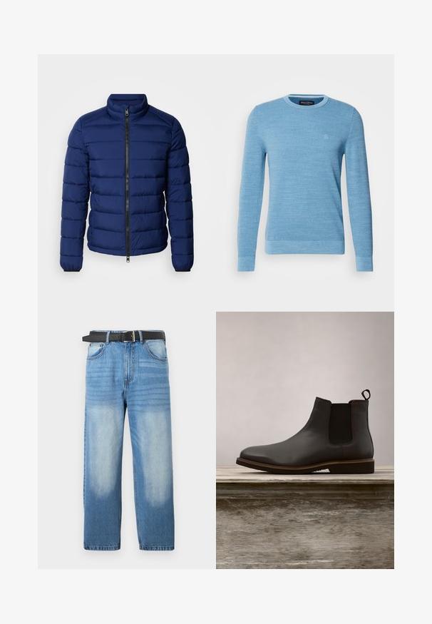 Marineblaue Steppjacke mit hohem Kragen, horizontaler Steppung, Frontreißverschluss und elastischen Bündchen. Glatte Textur, leichte Isolierung.; Helles blaues Strickpullover mit rundem Ausschnitt, langen Ärmeln und gerippte Bündchen. Verfügt über ein dezentes Logo auf der Brust. Weiche Textur.; Hellblaue Denim-Jeans mit geradem Bein, ausgestattet mit einem schwarzen Gürtel, ausgewaschenen Stellen und subtiler diagonaler Textur im oberen Bereich.; Schwarze Leder Chelsea-Stiefel mit elastischen Seiteneinsätzen und runder Zehenform, ausgestattet mit einer strukturierten Sohle und subtilen Steppnähten, erhöht über einer Holzoberfläche.
