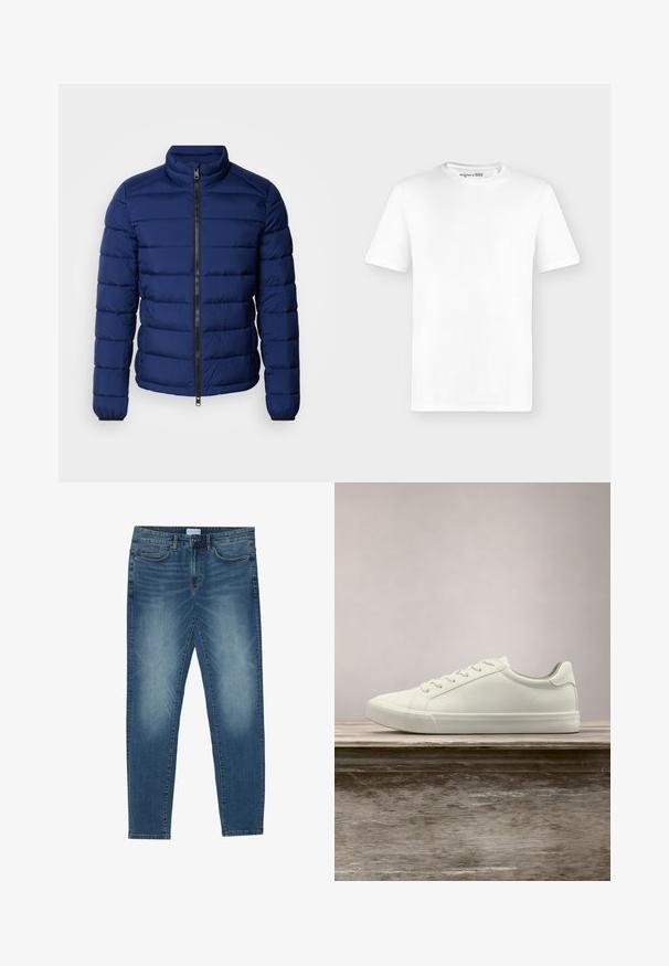 Marineblaue Steppjacke mit hohem Kragen, horizontaler Steppung, Frontreißverschluss und elastischen Bündchen. Glatte Textur, leichte Isolierung.; Schlichtes weißes T-Shirt mit kurzen Ärmeln und rundem Ausschnitt, vorne gezeigt vor hellem grauem Hintergrund ohne sichtbare Logos.; Jeans aus Denim in mittlerem Blau mit einer verblassten Waschung, Fünf-Taschen-Design, geradem Bein und gestickten Akzenten. Mit Knopf- und Reißverschluss.; Weiße Schnürsneaker, die über einer Holzbank mit grünem Laub im Hintergrund schweben und das Schuhdesign sowie die Textur zeigen.