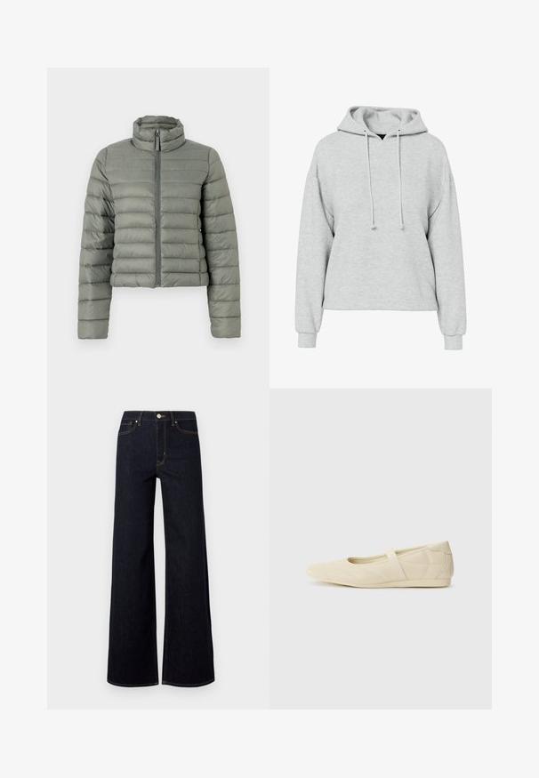 Doudoune en vert atténué, avec un col haut, une fermeture éclair et un matelassage horizontal pour l'isolation. Design court et ajusté.; Sweat à capuche gris avec une coupe ample, manches longues et une capuche à cordon. Le tissu semble doux avec une texture subtile, sans motifs ni accents visibles.; Jeans large en denim bleu foncé, avec une taille haute, des coutures contrastées et un unique bouton métallique à l'avant.; Ballerines beiges avec une exterior en cuir lisse, un bout en forme d'amande et une sangle élastique sur le coup de pied, avec des détails de couture subtils.