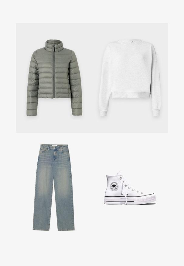 Doudoune en vert atténué, avec un col haut, une fermeture éclair et un matelassage horizontal pour l'isolation. Design court et ajusté.; Sweatshirt en coton gris avec un col rond, des épaules descendues et des poignets côtelés. Présente un ourlet court et un tissu doux et texturé.; Jean en denim droit taille haute bleu clair avec poches avant, passants de ceinture et fermeture éclair et bouton visibles.; Baskets blanches montantes Converse Chuck Taylor All Star avec des rayures noires et un patch logo sur le côté, présentées sur un fond blanc uni.