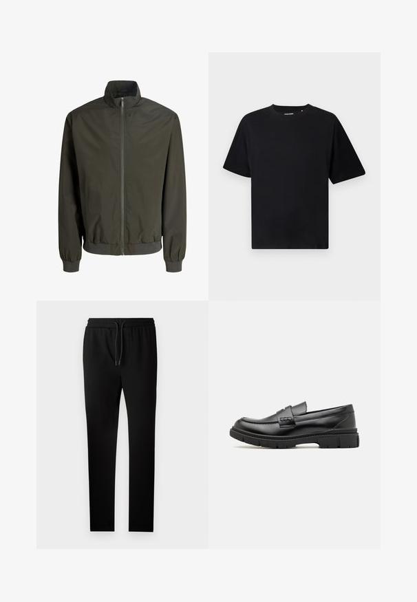 Dark green men's bomber jacket with front zipper, ribbed cuffs and hem, and a stand-up collar.; Black short-sleeve crew neck T-shirt with a relaxed fit, displayed on a white background.; Black jogger pants with a tailored fit, elastic waistband, and drawstring. Made from soft fabric with a smooth texture and no visible patterns.; Black leather loafer with a wide strap across the vamp, rubber sole with thick treads, and smooth texture. Classic, sleek design.