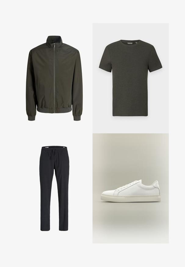 Dark green men's bomber jacket with front zipper, ribbed cuffs and hem, and a stand-up collar.; Dark green short-sleeve t-shirt with a round neckline, made of ribbed material; features a simple, minimalist design without patterns.; Black casual pants with elastic waistband and drawstring, straight leg fit, made from soft fabric, displayed on a white background.; White low-top sneaker with lace-up front and thick sole, shown from the side against a neutral background.