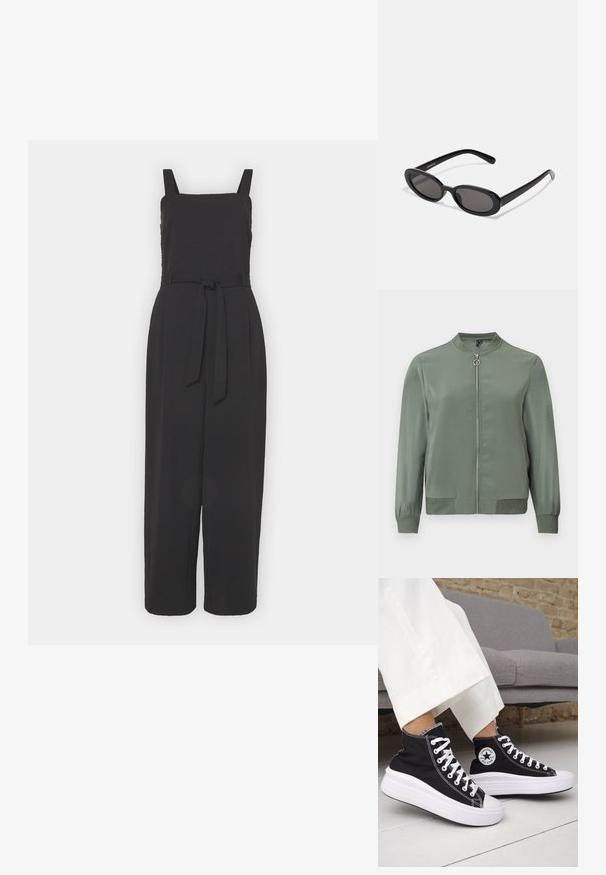 Veste bomber vert clair avec fermeture éclair à l'avant, col, poignets et ourlet côtelés, présentée sur un fond uni.; Combinaison noire avec encolure carrée, bretelles, ceinture ajustable à la taille et design à jambes larges. Matériau doux avec une texture lisse.; Baskets montantes noires avec semelles et lacets en caoutchouc blanc. Dotées d'un patch logo rond et de surpiqûres blanches contrastantes. Matière en toile.; Even&Odd Lunettes de soleil - black