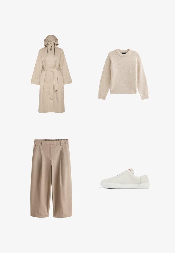 Beige waterdichte trenchcoat met een riem, grote capuchon, knoopsluiting met twee knopen en brede mouwen. Soepele textuur met een schoon, minimalistisch ontwerp.; Beige gebreide trui met een ronde halslijn, lange mouwen en geribbelde zoom. Gelaagd stof met een zachte uitstraling. Eenvoudig en veelzijdig ontwerp.; Beige broek met wijde pijpen, cropped lengte, voorplooien, zijzakken, ceintuurlussen en een aangesloten tailleband.; Witte leren sneaker met een lage profiel, ronde neus, platte vetersluiting en witte rubberen zool. Bevat subtiele stiksels en een klein logo.