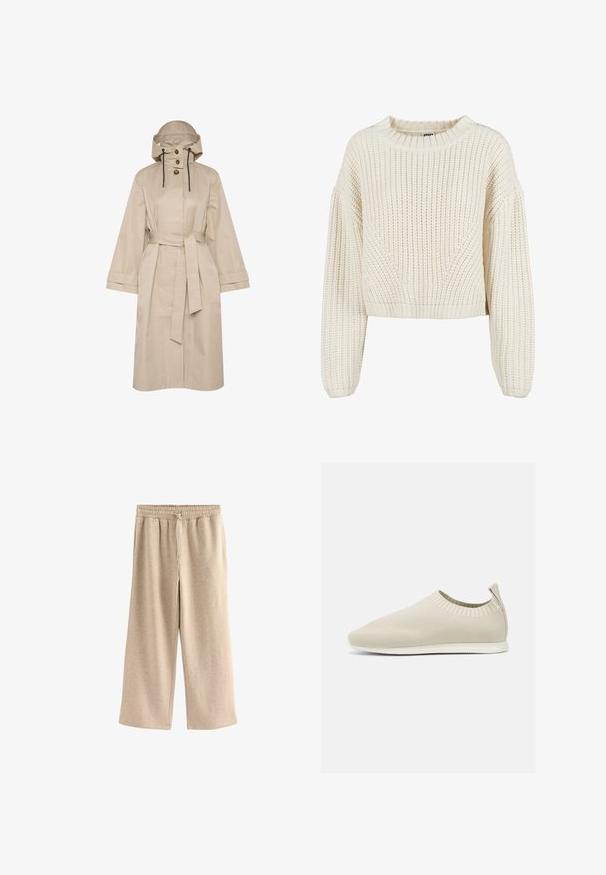 Beige waterdichte trenchcoat met een riem, grote capuchon, knoopsluiting met twee knopen en brede mouwen. Soepele textuur met een schoon, minimalistisch ontwerp.; Chunky gebreide crèmekleurige trui met een ronde halslijn, brede mouwen, geribbelde manchetten en een textuurpatroon. Verkorte stijl.; Crème-kleurige wijde broek gemaakt van een zachte katoenmix. Heeft een elastische tailleband met trekkoord en een subtiele gespikkelde textuur.; Beige gebreide instap schoen met een lage profiel, textuur bovenkant en een flexibele zool. Kenmerkt zich door een geweven ontwerp rond de enkel voor comfort.