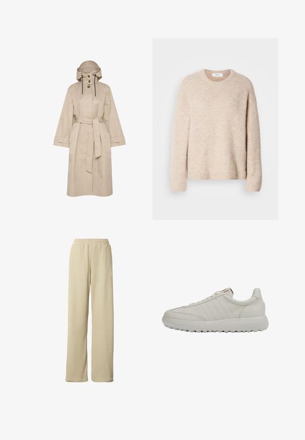 Vedenkestävä beigen värinen trench-takki, jossa on vyö, suuri huppu, kaksinappinen sulku ja leveät hihat. Sujuva pinta puhtaalla, minimalistisella muotoilulla.; Vaaleanbeige neulepaita, jossa on pyöreä pääntie, pitkät hihat ja ribbireuna. Pehmeä, teksturoitu kangas, rento malli.; Beiget värilliset leveälahkeiset housut, joissa on joustava vyötärönauha ja hillitty pieni valkoinen logo reiden yläosassa.; Vaaleanbeige nahkakengät, joissa on sileä pinta, viistot ompeleet, pyöristetty kärki ja paksu kumipohja, jossa on pyöreät pitoalueet.