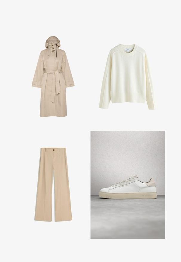 Beige vandtæt trenchcoat med bælte, stor hætte, to-knaps lukning og brede ærmer. Glat tekstur med et rent, minimalistisk design.; Next CREW NECK - Striktrøje - ecru; Beige bukser med brede ben og et fintstripet mønster, forrest med knapper og bæltestropper. Glat tekstur med skræddersyet finish.; Hvide lædersneakers med en glat overflade, beige ruskindsdetaljer, rund tå, flad snørebåndsdesign og en struktureret gummisål.