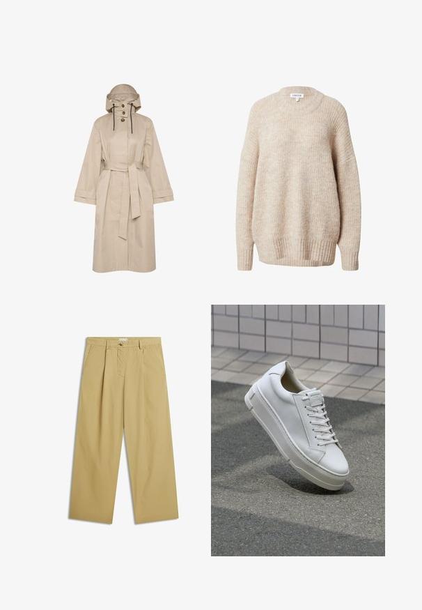 Beige waterdichte trenchcoat met een riem, grote capuchon, knoopsluiting met twee knopen en brede mouwen. Soepele textuur met een schoon, minimalistisch ontwerp.; Beige gebreide trui met een ronde hals, verlaagde schouders en geribbelde manchetten en zoom. Heeft een gestructureerde, licht losse pasvorm.; Beige wijde broek met voorplooien, zijzakken, broeklussen en knoopsluiting in de taille.; Witte leren sneaker met een low-top ontwerp, platte veters, ronde neus en textuur zijden. Dikke rubberen zool met subtiele accenten.