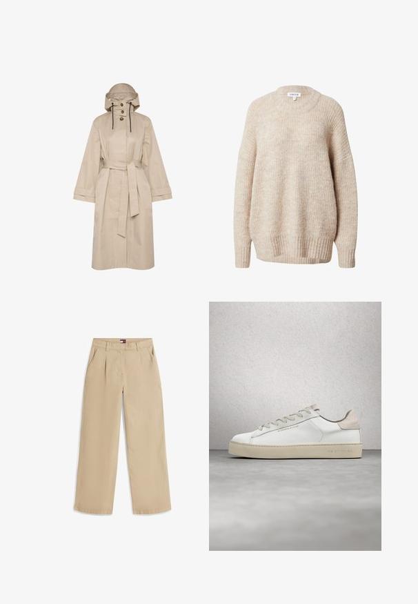 Beige waterdichte trenchcoat met een riem, grote capuchon, knoopsluiting met twee knopen en brede mouwen. Soepele textuur met een schoon, minimalistisch ontwerp.; Beige gebreide trui met een ronde hals, verlaagde schouders en geribbelde manchetten en zoom. Heeft een gestructureerde, licht losse pasvorm.; Beige rechte broek met voorplooien, zijzakken, riemlussen en een klein logo-label aan de binnenkant van de tailleband.; Witte leren sneaker met een glanzende afwerking, beige suède accenten, ronde neus, platte vetersluiting en een getextureerde rubberen zool.