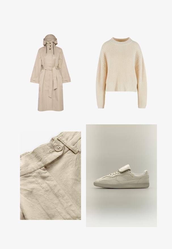 Bež veekindel trench coat vööga, suure kapuutsiga, kahe nupuga kinni pandud ja laia varrukaga. Sile tekstuur ja puhas, minimalistlik disain.; Kreemivärvi kudum, millel on kõrge ribatistega krae, laiad varrukad ja tekstuuriga muster üle kogu miele. Lühendatud disain ribakäärega.; Beež linane kangas, millel on nähtav nööbiflapp ja õmbluse detailid. Tekstuur on pisut kortsuline, näidates pehmet ja loomulikku viimistlust.; Valge madala otsajala vabaaja jalanõu tekstuurse tallaga, ees paeltega, polsterdatud keelega ja peene kuldse logoga küljes, esitatud neutraalsel taustal.