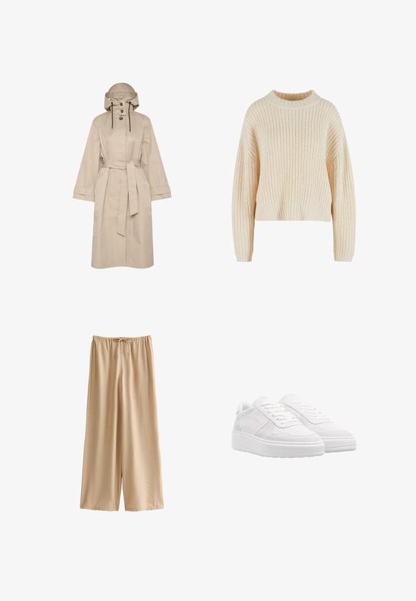 Beige vandtæt trenchcoat med bælte, stor hætte, to-knaps lukning og brede ærmer. Glat tekstur med et rent, minimalistisk design.; Cremefarvet strikket sweater med høj ribbet krave, brede ærmer og et struktureret mønster hele vejen igennem. Kropet design med ribbet kant.; Nudemalet bukser med vide ben lavet af blødt, let stof, med elastik i taljen og snor samt en afslappet pasform.; Hvide sneakers med en overdel i ruskind og perforeret læder, flade snørebånd, polstret krave og en tyk, struktureret gummisål.