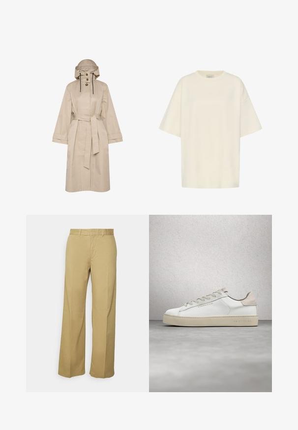 Beige waterdichte trenchcoat met een riem, grote capuchon, knoopsluiting met twee knopen en brede mouwen. Soepele textuur met een schoon, minimalistisch ontwerp.; Crèmekleurig oversized T-shirt met korte mouwen, ronde hals en subtiel logo detail aan de voorkant.; Khaki wijde broek van een lichte katoenmix, met een rits en riemlussen. Soepele textuur met een nette afwerking.; Witte leren sneaker met een glanzende afwerking, beige suède accenten, ronde neus, platte vetersluiting en een getextureerde rubberen zool.