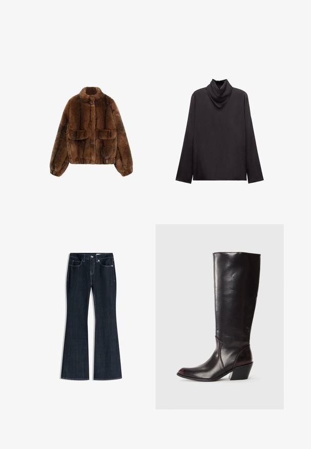 Braune Kunstpelzjacke mit hohem Kragen, zwei Vordertaschen und elastischem Bund sowie Ärmeln, die eine weiche, strukturierte Oberfläche aufweist.; Schwarzes Langarm-Turtleneck-Shirt mit lockerem, gefaltetem Kragen und geradem Saum, dargestellt vor weißem Hintergrund.; Dunkelblaue Jeans aus Denim mit hoher Taille, vorderen Taschen, Knopf- und Reißverschluss sowie ausgestellten Beinen.; Knöchelhigh, dunkelbraune Lederstiefel mit spitzem Zeh, eckigem Blockabsatz und glatter, glänzender Textur. Verfügt über ein klares Design und Steppnähte.