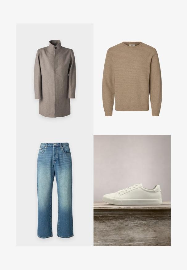 Lysbrun uldfrakke med høj krave, frontlukning med knapper og lige snit. Har lange ærmer og en ren syningdesign.; Beige langærmet strikket sweater med rund halsudskæring og ribstrikkede manchetter og kant, vist på en hvid baggrund.; Lysblå denimjeans med lige ben, fem lommer, knaplukning foran og subtil fading over hele stoffet.; Hvide snørresneakers svævende over en træbænk med grønne planter i baggrunden, der fremhæver skodesign og tekstur.
