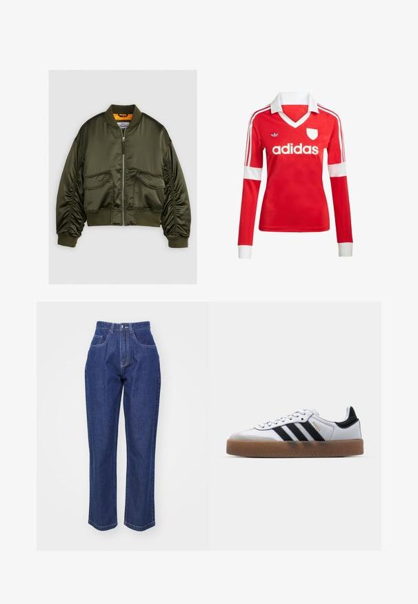 Veste bomber vert olive en satin, avec un zip à l'avant, des poignets côtelés et deux poches avant. Accentuée d'une doublure orange.; Maillot de football à manches longues rouge avec un col et des poignets blancs. Présente trois rayures blanches sur les épaules et le logo "adidas" affiché en évidence.; Jean en denim bleu foncé à taille haute, jambe droite, cinq poches et surpiqûres contrastées. Design classique avec une texture lisse.; Baskets en cuir blanc avec des rayures noires, semelle extérieure en caoutchouc beige, bout rond, fermeture lacée et embout en suède gris doux.