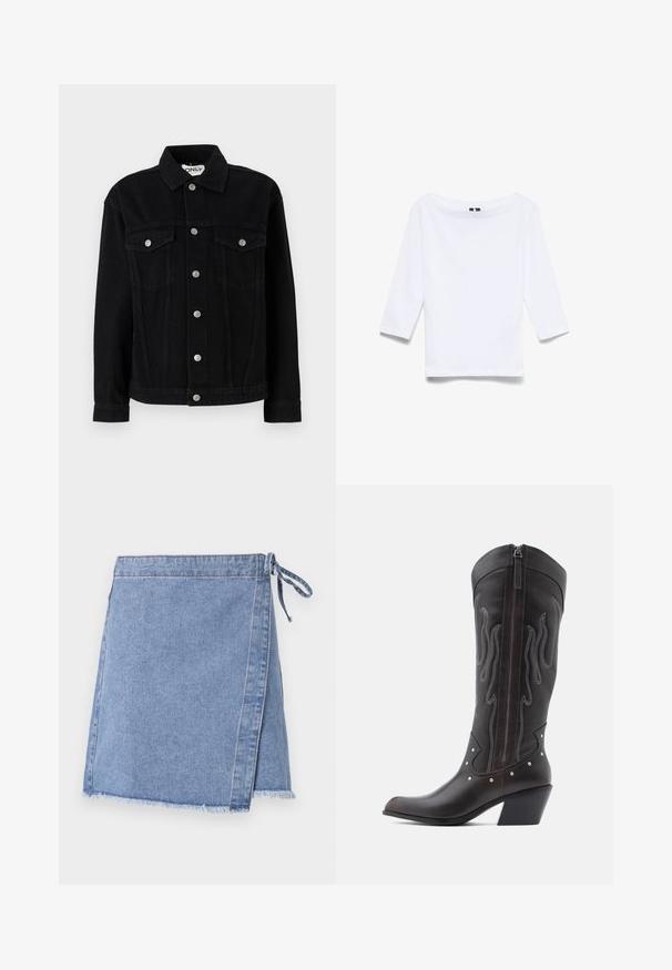 Veste en denim noir à manches longues, col pointu, et deux poches poitrine. Dotée de fermetures à boutons-pression argentés et d'une coupe droite.; Chemise blanche à manches trois-quarts en tissu mélangé coton ; présente un large col bateau et une texture lisse et légère.; Jupe en denim bleu clair avec fermeture à nouer, ourlet effiloché et coupe droite légèrement évasée.; Bottes de cowboy en cuir marron avec surpiqûres en forme de flammes, fermeture éclair latérale, clous argentés, bout pointu et talon superposé.