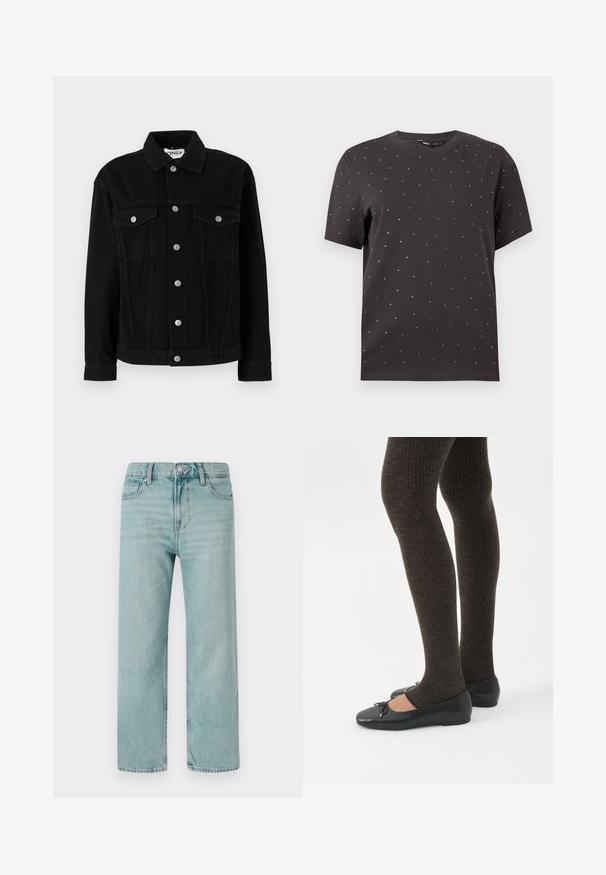Veste en denim noir à manches longues, col pointu, et deux poches poitrine. Dotée de fermetures à boutons-pression argentés et d'une coupe droite.; T-shirt noir à manches courtes avec un col rond et des clous métalliques dispersés sur le devant, fabriqué en coton doux.; Jeans bleu clair à jambes larges en denim, avec un design classique à cinq poches, des lignes épurées et une taille régulière avec fermeture par bouton.; Jambes portant des leggings côtelés foncés associés à des ballerines noires avec de petits détails en nœud sur fond blanc.