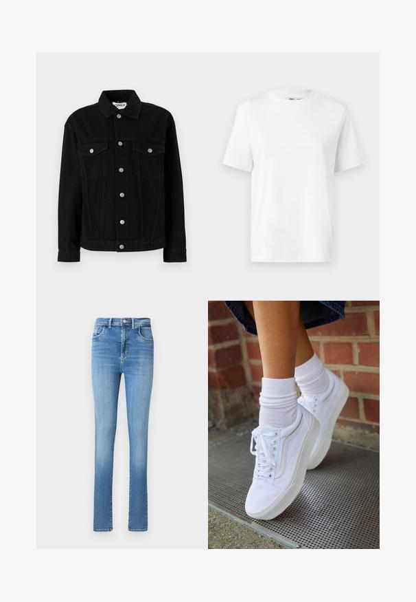 Sort denimjakke med lange ærmer, spids krave og to brystlommer. Har sølvfarvede trykknaplukninger og lige snit.; Hvid bomulds T-shirt med rund hals, kortærmet og en glat tekstur. Designet med en afslappet pasform for komfort og alsidighed.; Blege blå denimjeans med lige pasform, høj talje, fem lommer og subtile stikninger ved taljen og nederkanten.; Hvide lærreds sneakers med gummisåler, der har seks snørehuller, rund tå og let sømdetaljer, krydret med hvide ankelstrømper.