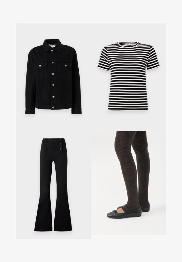 Sort denimjakke med lange ærmer, spids krave og to brystlommer. Har sølvfarvede trykknaplukninger og lige snit.; Sort-hvid stribet kortærmet t-shirt med en ribbet tekstur og rund halsudskæring. Striberne er jævnt fordelt over stoffet.; Sorte flagrende bukser lavet af denim med høj talje, der har fire dekorative knapper foran og en glat tekstur.; Ben iført mørke ribbede leggings kombineret med sorte balletsko med små sløjfedetaljer på hvid baggrund.