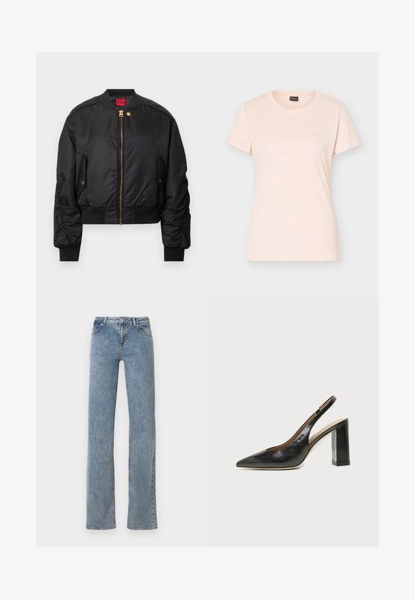 Veste bomber noire avec une fermeture éclair à l'avant, un col et des poignets côtelés, des poches latérales et des accents de quincaillerie dorée. Texture extérieure lisse.; T-shirt rose clair à manches courtes avec col rond, petit logo BOSS embossé sur la poitrine gauche et étiquette noire à l'intérieur du col.; Jean bleu à jambe droite avec taille haute, fermeture à boutons sur le devant, et design à cinq poches, présenté sur un fond blanc.; Chaussure slingback en cuir noir à bout pointu avec un talon bloc haut et une doublure intérieure beige sur un fond clair uni.