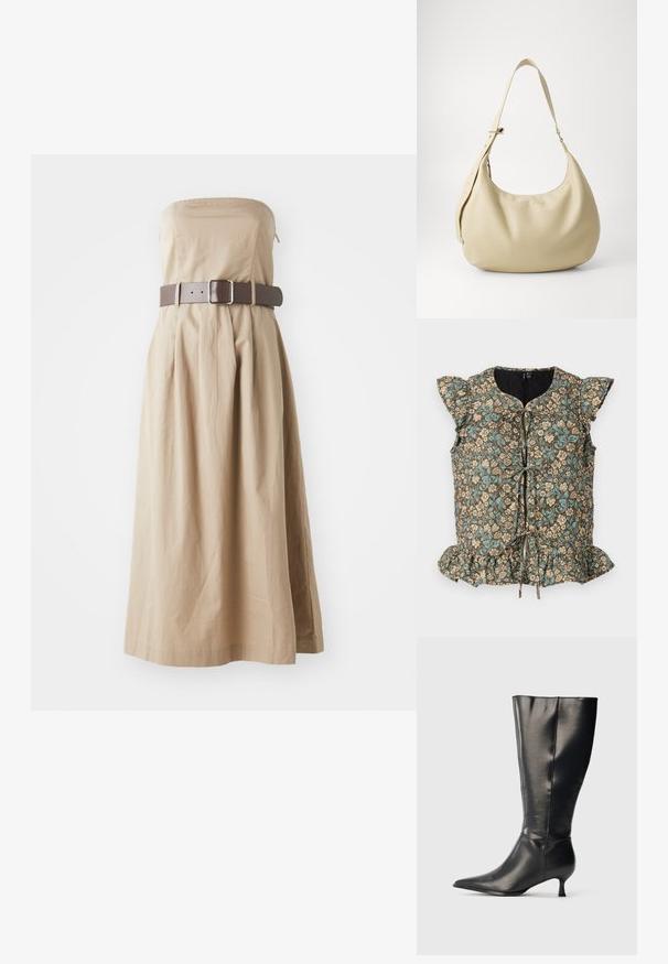 Blomstret top med brun baggrund, blå og beige blomster, flæseærmer, bindebånd foran og flæsekant. Fremstillet i bomuldsblanding.; Strapless beige maxi kjole med tætsiddende liv, samlet skirt og bred brun bælte med firkantet spænde. Lavet af letvægtigt stof.; Sort knæhøj læderstøvle med spids tå og lav kittenhæl, vist på en enkel lys baggrund.; Beige læder skuldertaske med en buet form, justerbar rem og præget logo detalje, der har en glat tekstur og minimalistisk design.