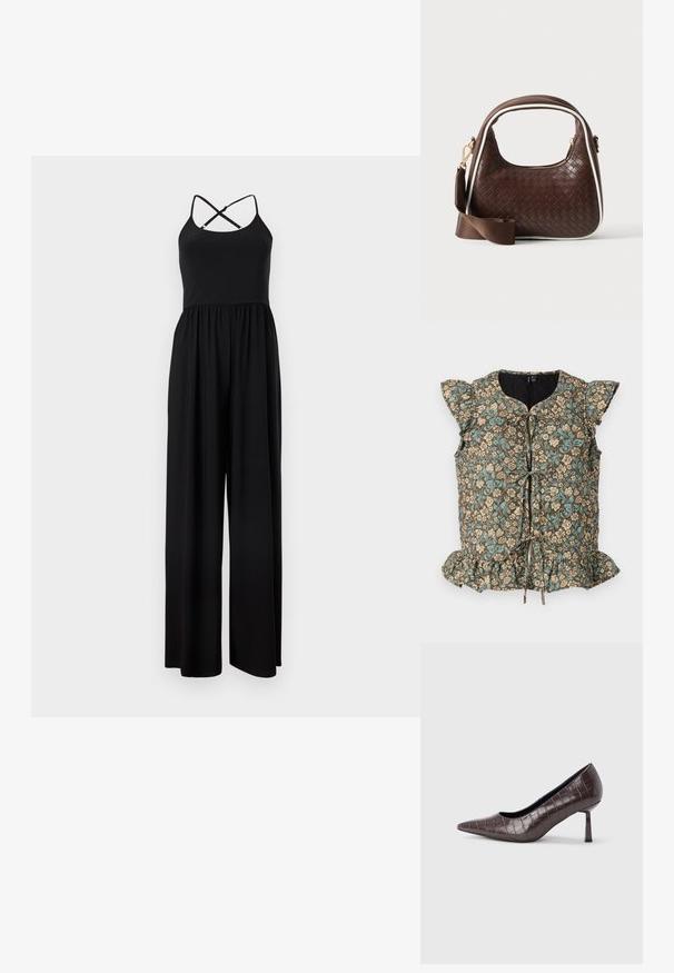 Blomstret top med brun baggrund, blå og beige blomster, flæseærmer, bindebånd foran og flæsekant. Fremstillet i bomuldsblanding.; Sort ærmeløs jumpsuit med spaghetti-stropper, der krydser på ryggen, og bukser med vide ben, vist på en enkel baggrund.; Brune kunstlæder stiletter med spidse tæer og krokodilletekstur, der har en slank, vinklet hæl og en glat inderside.; Brun vævet læderhåndtaske med hvid piping, guldfarvet lynlås og aftagelig brun stofskulderrem.