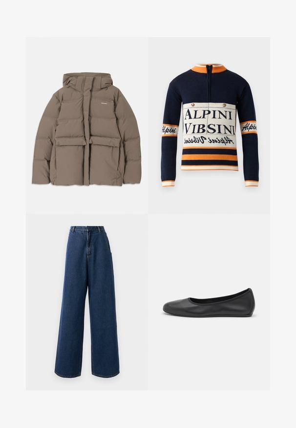 Veste en duvet marron avec capuche, dotée d'une fermeture éclair sur le devant, de deux grandes poches avant et d'une texture mate lisse. Logo de la marque sur la poitrine.; Pull à manches longues bleu marine et orange avec fermeture éclair quart, texte "Alpini VIBSINI" sur le devant et bords à rayures.; Jean taille haute à jambes larges en denim bleu foncé avec fermeture à bouton et à zip à l'avant, passants de ceinture et poches latérales.; Ballerines en cuir noir avec un bout rond, texture lisse, détails de couture minimalistes et design de semelle flexible.
