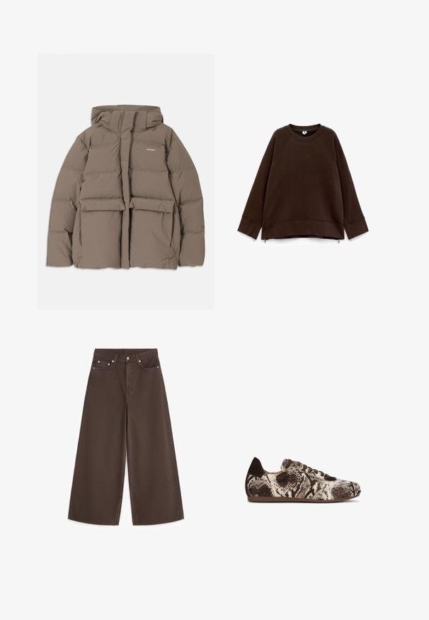 Veste en duvet marron avec capuche, dotée d'une fermeture éclair sur le devant, de deux grandes poches avant et d'une texture mate lisse. Logo de la marque sur la poitrine.; Sweatshirt long à manches longues marron foncé avec un col rond, des épaules tombantes, des poignets larges et de petites fermetures éclair sur les côtés à l'ourlet.; Jean marron taille haute à jambes larges, avec bouton devant, fermeture éclair et cinq poches, posé à plat sur fond blanc.; Baskets profil bas avec un motif imprimé serpent marron et crème, lacets marron, talon marron foncé et semelle plate marron.