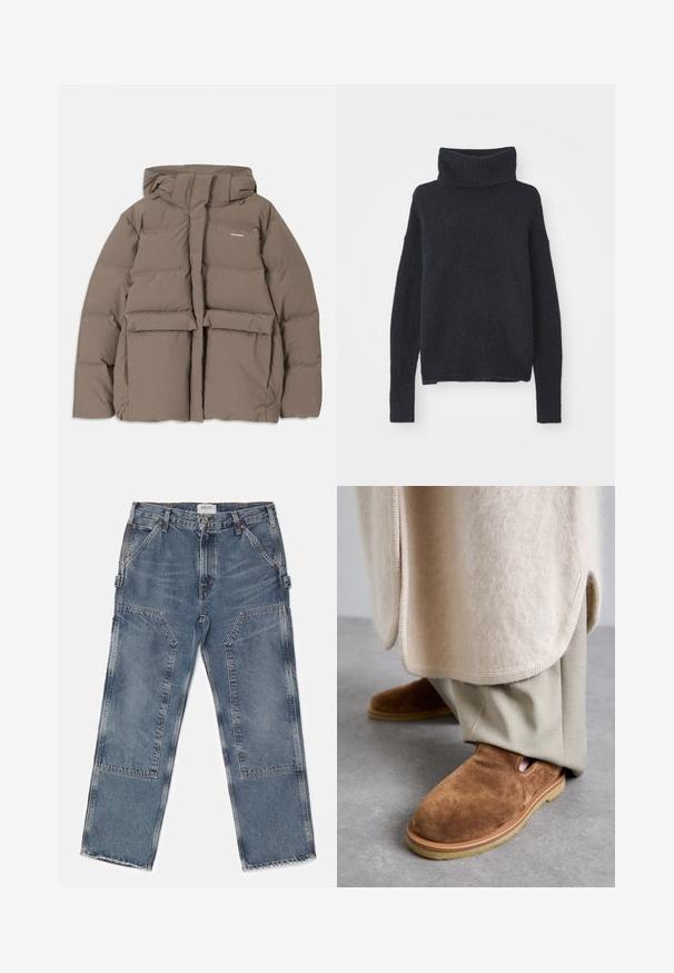 Veste en duvet marron avec capuche, dotée d'une fermeture éclair sur le devant, de deux grandes poches avant et d'une texture mate lisse. Logo de la marque sur la poitrine.; Pull à col roulé bleu foncé en tissu doux et texturé. Il présente des manches longues, une coupe ample et des détails côtelés au col et aux poignets.; Agolde RAMI CARPENTER - Jean boyfriend - repetition; Chaussures slip-on en suède marron avec un bout arrondi, semelle en caoutchouc et détails en découpes sur les côtés, assorties à un pantalon taillé beige clair.