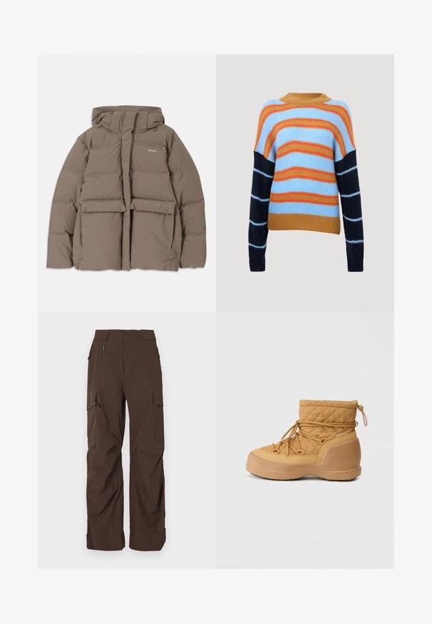 Veste en duvet marron avec capuche, dotée d'une fermeture éclair sur le devant, de deux grandes poches avant et d'une texture mate lisse. Logo de la marque sur la poitrine.; Pull en tricot avec une texture côtelée, présentant des rayures horizontales en bleu clair, orange et marine. Encolure ronde et manches longues.; Pantalons cargo marron à coupe droite, fabriqués en tissu durable. Comprend plusieurs poches et un design de taille sécurisée.; Botte étanche matelassée, de couleur beige, avec un bout rond, un laçage élastique et une semelle en caoutchouc texturé. Comprend un dessus matelassé et un logo sur le côté.
