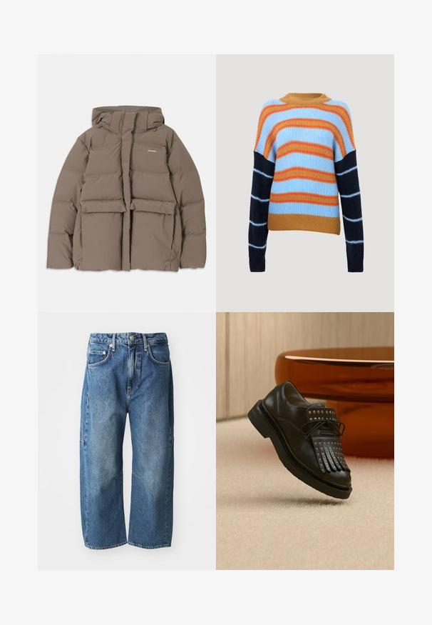 Veste en duvet marron avec capuche, dotée d'une fermeture éclair sur le devant, de deux grandes poches avant et d'une texture mate lisse. Logo de la marque sur la poitrine.; Pull en tricot avec une texture côtelée, présentant des rayures horizontales en bleu clair, orange et marine. Encolure ronde et manches longues.; Jeans en denim bleu avec une coupe décontractée à jambes larges, dotés de poches avant, d'une fermeture à bouton et à glissière, et d'un léger délavage au niveau des genoux.; Chaussure en cuir noire à lacets avec franges décoratives et clous métalliques posée sur un tapis beige près d'un meuble marron.
