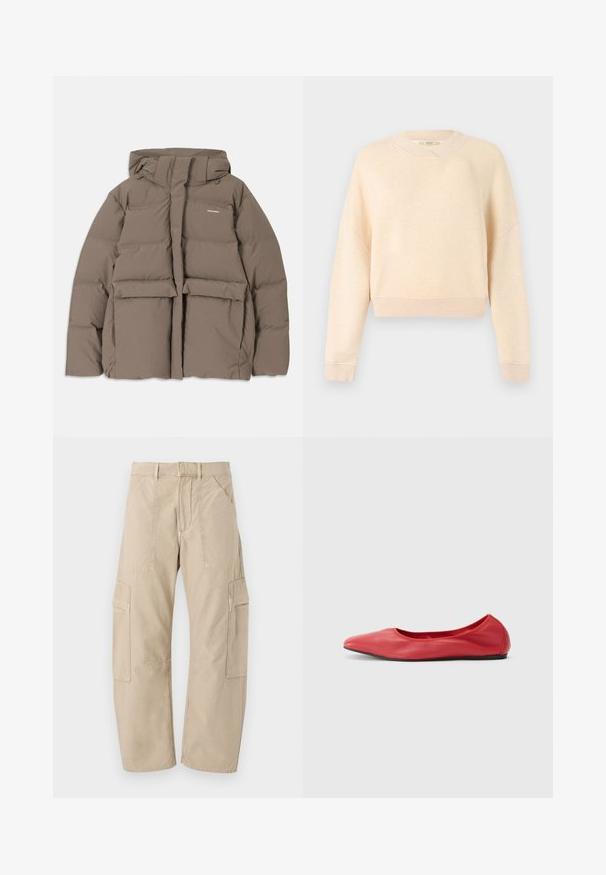 Veste en duvet marron avec capuche, dotée d'une fermeture éclair sur le devant, de deux grandes poches avant et d'une texture mate lisse. Logo de la marque sur la poitrine.; Sweat-shirt beige clair à manches longues, col rond côtelé et coupe décontractée. Texture douce avec peu de coutures apparentes.; Pantalon cargo beige avec multiples poches, jambes droites, fermeture par boutons et fermeture éclair, et passants pour ceinture sur fond blanc.; Filippa K REY FLATS - Ballerines - bright red