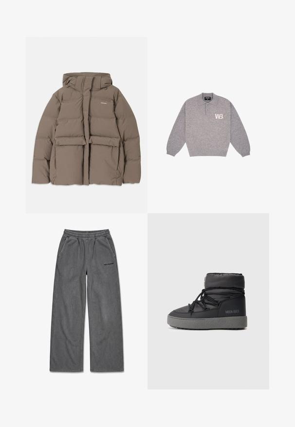 Veste en duvet marron avec capuche, dotée d'une fermeture éclair sur le devant, de deux grandes poches avant et d'une texture mate lisse. Logo de la marque sur la poitrine.; Polo en tricot gris à manches longues avec col, deux boutons, poignets côtelés et logo blanc "WB" sur le côté gauche de la poitrine.; Pantalon gris foncé à jambes larges avec taille élastique, poches latérales et logo noir "PEGADOR" sur la cuisse droite.; Botte cheville rembourrée noire avec un bout arrondi, semelle texturée grise, lacets noirs et le logo "MOON BOOT" sur le côté.