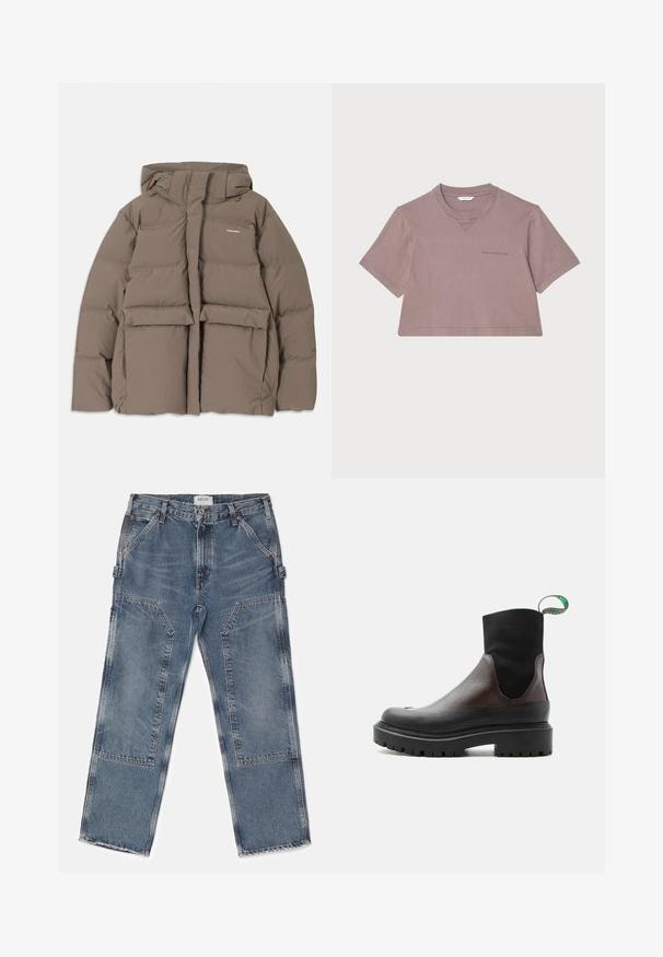 Veste en duvet marron avec capuche, dotée d'une fermeture éclair sur le devant, de deux grandes poches avant et d'une texture mate lisse. Logo de la marque sur la poitrine.; T-shirt cropped en mauve poussiéreux, fabriqué en tissu doux. Doté d'un col rond, de manches courtes et d'un logo subtil imprimé sur le devant.; Agolde RAMI CARPENTER - Jean boyfriend - repetition; Bottine en cuir noir et marron avec tige en tissu élastique, semelle crantée épaisse, et languette de tirage verte sur fond blanc.