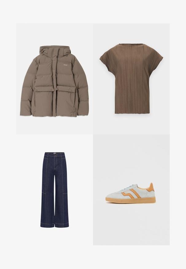 Veste en duvet marron avec capuche, dotée d'une fermeture éclair sur le devant, de deux grandes poches avant et d'une texture mate lisse. Logo de la marque sur la poitrine.; Haut marron à manches courtes avec des plis verticaux et un col rond, présenté sur un fond blanc uni.; Jean en denim bleu foncé à jambes larges, taille haute, fermeture à boutons, avec des surpiqûres contrastantes visibles.; Baskets en daim gris clair avec des accents en cuir marron clair, semelle en gomme et lacets bleu clair, présentées de profil sur un fond blanc.
