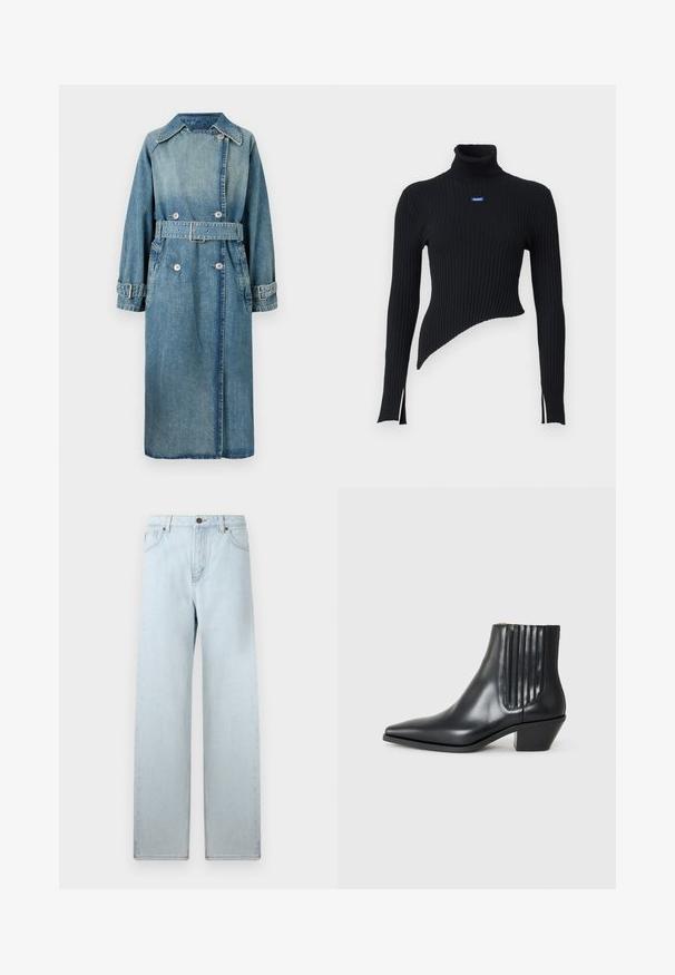 Denim trenchcoat i lys blå. Har krave, dobbeltknapdesign, bælte ved taljen og knapmanchetter med detaljeret syning.; Sort ribbet turtleneck sweater med asymmetrisk kant og sidesplitter. Har et lille blåt logo på brystet. Fremstillet af blødt materiale.; Lyseblå vid jeans med høj talje, forlommer og knaplukning. Glat denimtekstur, minimal falmning, lige ben-design.; Sorte læder ankelstøvle med spids tå, elastiske sidepaneler med lodrette riller og en lav blokhæl. Glat tekstur og slankt design.