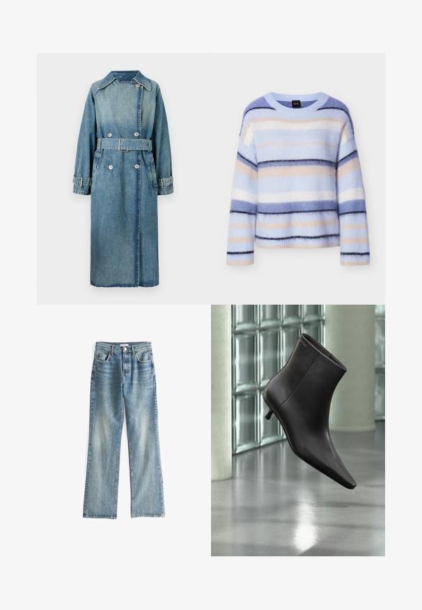 Denim trenchcoat i lys blå. Har krave, dobbeltknapdesign, bælte ved taljen og knapmanchetter med detaljeret syning.; Stribet sweater i lyseblå, sart rosa og marineblå. Blød, fluffy tekstur med rund hals og ribbet kant ved ærmerne. Letvægt og afslappet pasform.; Lyseblå denim wide-leg jeans med knaplukning, fem lommer og slid på lårene. Ujævnt kant forneden.; Sort læderankelstøvle med spids tå og lille hæl vist mod en væg af glasblokke og poleret gulv baggrund.
