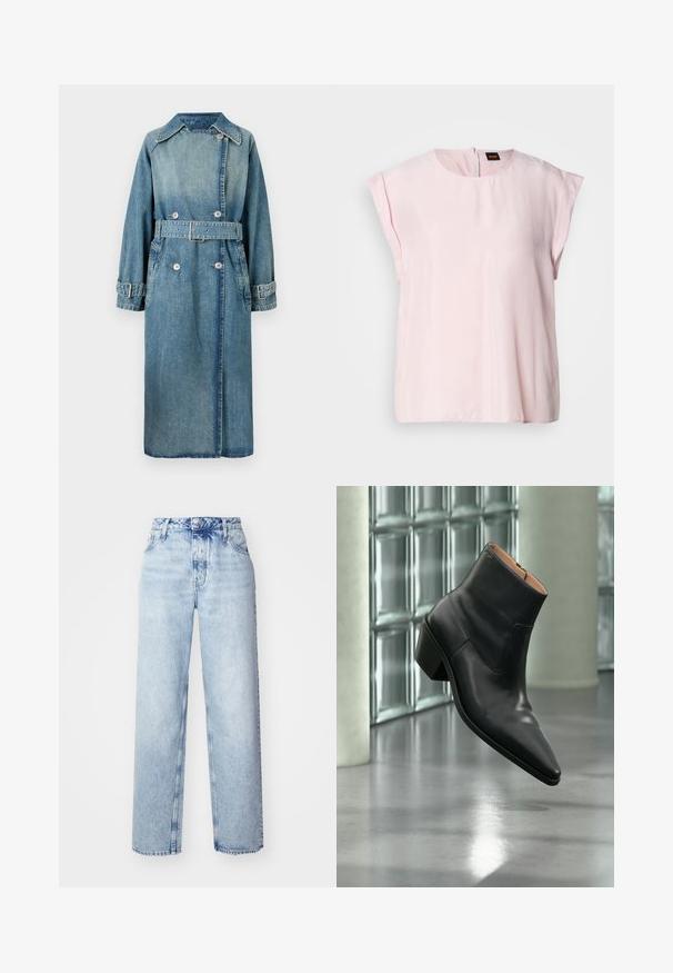 Denim trenchcoat i lys blå. Har krave, dobbeltknapdesign, bælte ved taljen og knapmanchetter med detaljeret syning.; Lyserød, kortærmet top med rund halsudskæring og en subtil glans. Har en lynlås på bagsiden og en afslappet pasform. Glat tekstur.; Lyseblå højtaljede jeans med løs pasform, der har lige ben, fem lommer og en klassisk knap- og lynlåslukning.; Sort læderankelstøvle med spids tå og blokhæl, der svæver over en reflekterende grå gulv nær en væg af glasblokke.