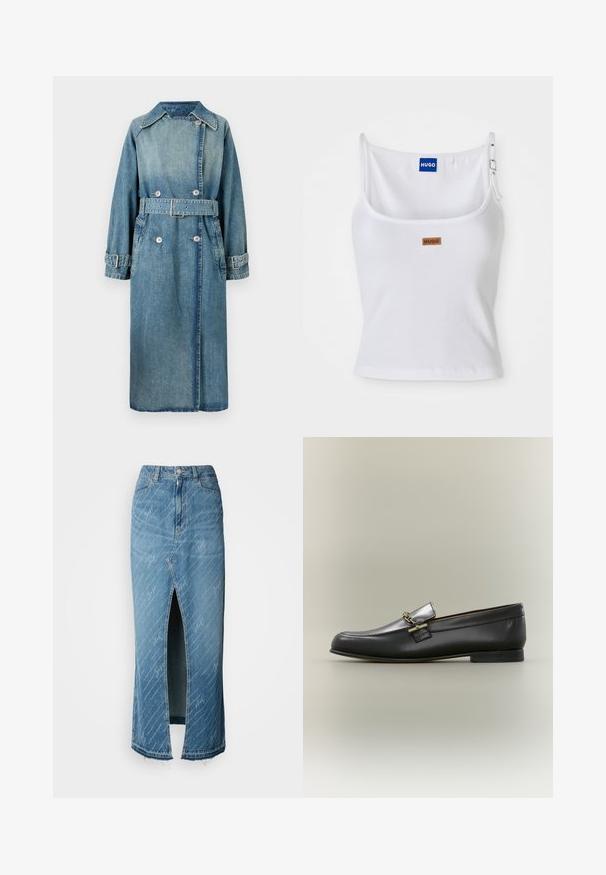 Denim trenchcoat i lys blå. Har krave, dobbeltknapdesign, bælte ved taljen og knapmanchetter med detaljeret syning.; Hvid ribbet tanktop med justerbare stropper, der har et blåt logo-label og et lille brunt tag, fremstillet af blødt, strækbart materiale.; Blå denim midi-nederdel med en frontslid, falmet tekstur og hvidt skriftmønster. Har et klassisk taljebånd og frynset kant.; Sort læderloafer med sølv øverste, gyldent kædedetalje, lav hæl og rundet tå på neutral baggrund.
