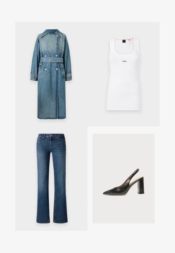 Denim trenchcoat i lys blå. Har krave, dobbeltknapdesign, bælte ved taljen og knapmanchetter med detaljeret syning.; Hvid bomulds tanktop med ribbet tekstur, der har en rund halsudskæring og et lille sort broderet logo på forsiden.; Mørkeblå denim jeans med flared ben design, der har subtile fading og slidte detaljer nær lår- og knæområdet.; Sort læder kvindesko med slingback, spids tå og tyk blokhøj hæl på hvid baggrund.