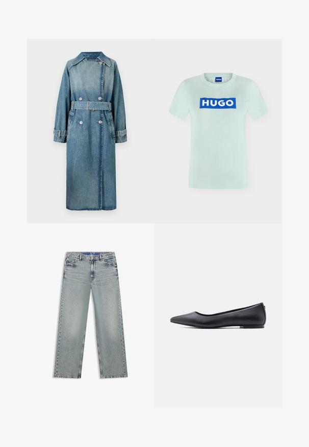 Denim trenchcoat i lys blå. Har krave, dobbeltknapdesign, bælte ved taljen og knapmanchetter med detaljeret syning.; Lyseblå T-shirt med korte ærmer og en blå rektangulær logo i midten med teksten "HUGO" i hvide bogstaver.; Lyseblå jeans med vide ben lavet af denim, med udvaskede områder, fem lommer og en blå mærket taljebånd.; Sort flad lædersko med spidst tåparti og lav hæl, vist i sideprofil mod en hvid baggrund.