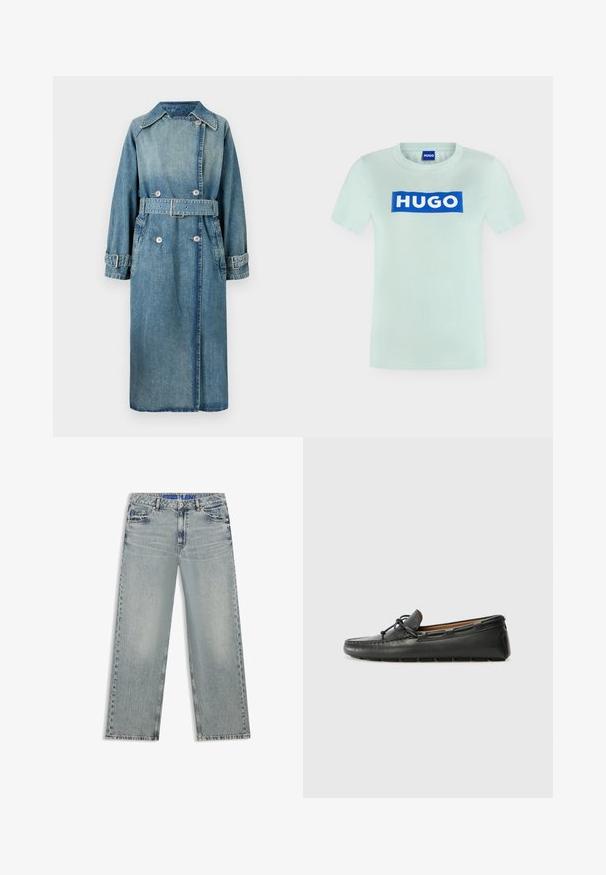 Denim trenchcoat i lys blå. Har krave, dobbeltknapdesign, bælte ved taljen og knapmanchetter med detaljeret syning.; Lyseblå T-shirt med korte ærmer og en blå rektangulær logo i midten med teksten "HUGO" i hvide bogstaver.; Lyseblå jeans med vide ben lavet af denim, med udvaskede områder, fem lommer og en blå mærket taljebånd.; Sorte læder bådsko med afrundet tå, stikninger, lille sløjfedetalje og gummisål. Glat tekstur og strømlinet design.