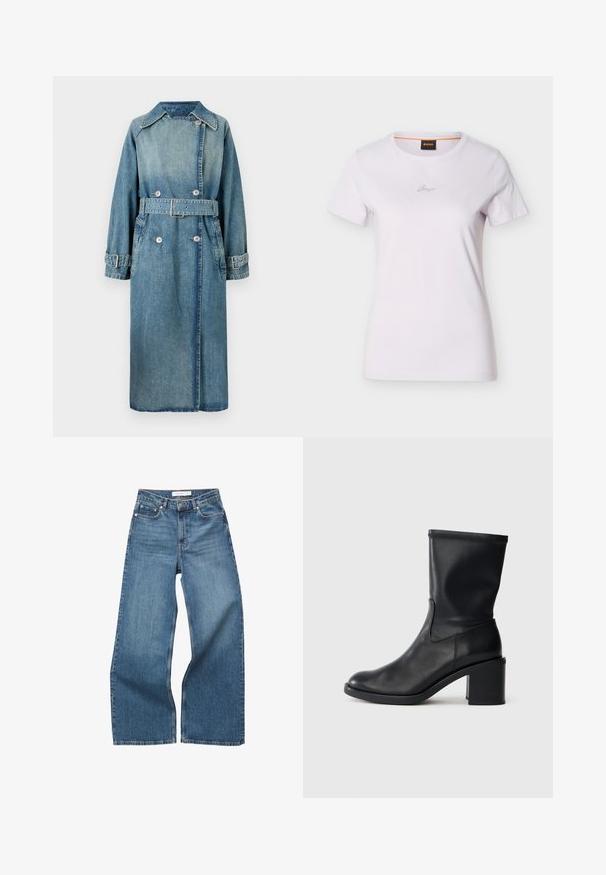 Denim trenchcoat i lys blå. Har krave, dobbeltknapdesign, bælte ved taljen og knapmanchetter med detaljeret syning.; Hvid T-shirt med korte ærmer, rund hals og lille kursiv logo centreret på brystet samt sort mærke med orange kant inde i kraven.; Blå højtaljede vidbenede jeans med for- og baglommer, bæltestropper og knaplukning.; Sort læder ankelstøvle med rund tå, glat tekstur og en grov hæl, der har et tætsiddende skaft og subtil syning.