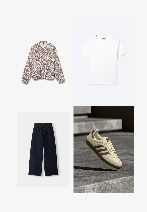 Gequiltte jas met een crèmekleurige achtergrond, voorzien van maroon bloempatroon in paisleystijl, een ronde hals en twee grote voorzakken.; Effen wit T-shirt met korte mouwen en ronde hals met een klein "WEEKDAY" label aan de binnenkant van de hals, plat neergelegd op een lichte achtergrond.; Donkerblauwe denim wijduitlopende jeans met een hoge taille, vijf zakken, contrasterende stiksels en zilveren metalen hardware. Gladde textuur en een nette afwerking.; Crèmekleurige sneaker met bruine accenten, getextureerde zijstrepen en een glad leren afwerking. Voorzien van een veterontwerp en een rubberen zool.