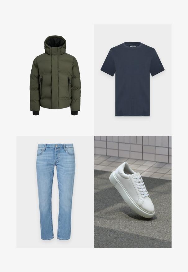 Veste d'hiver matelassée vert olive avec col montant, capuche ajustable, poches zippées noires et poignets noirs côtelés.; T-shirt bleu marine à manches courtes et col rond, coupe décontractée, présenté sur un fond gris clair.; Jean en denim bleu clair avec une coupe droite, doté d'une braguette zippée, de cinq poches et d'une texture subtilement délavée. Taille mi-haute.; Baskets en cuir blanc avec une surface lisse, bout rond et lacets plats blancs. Présentent une semelle en caoutchouc texturée et des éléments de design minimalistes.