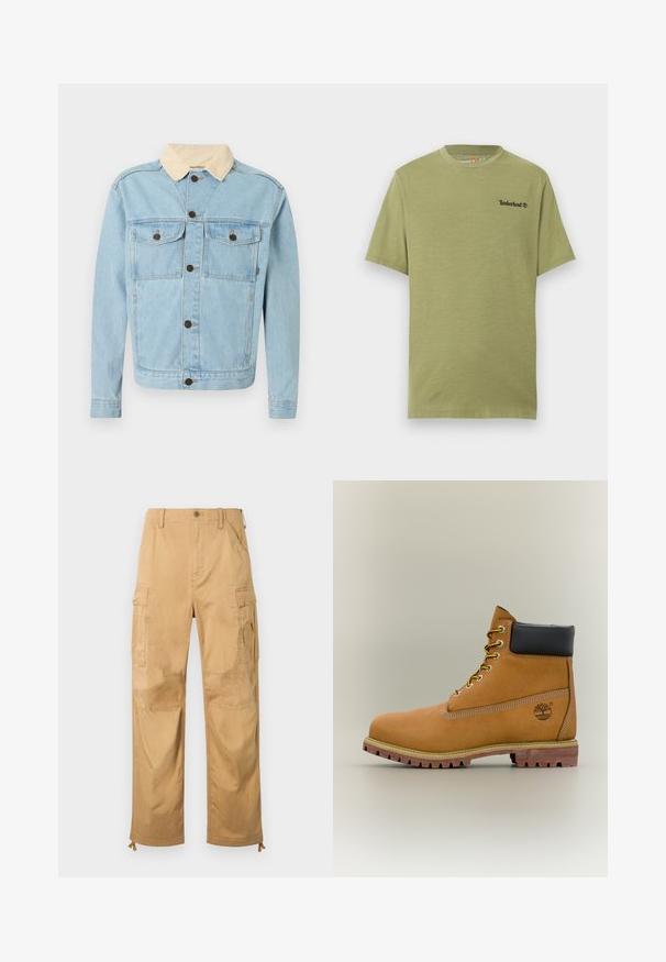Veste en denim bleu clair avec col en velours côtelé beige, fermeture boutonnée avant et deux poches poitrine boutonnées.; T-shirt homme vert olive à manches courtes avec col rond et petit logo Timberland noir sur le côté gauche de la poitrine.; Pantalon cargo beige avec poches à rabat sur les côtés, fermeture à boutons, passants pour ceinture et cordons de serrage ajustables à l'ourlet.; Bottine en cuir marron avec col noir, lacets jaunes et semelle beige. Présente un logo et des détails de couture blanche. Semelle extérieure à traction robuste.