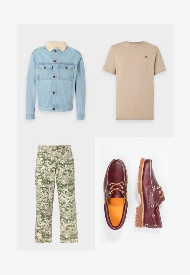 Veste en denim bleu clair avec col en velours côtelé beige, fermeture boutonnée avant et deux poches poitrine boutonnées.; T-shirt beige à manches courtes et col rond avec un petit patch style cartoon sur la poitrine gauche représentant un personnage aux yeux écarquillés.; Pantalons droits pour hommes avec motif camouflage pixellisé vert et beige, poches avant, présentés sur un fond clair.; Chaussures en cuir bourgogne avec semelles en caoutchouc marron, bout rond, couture blanche et œillets dorés. L'intérieur présente une doublure jaune.