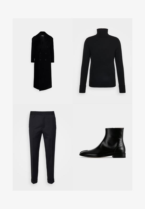 Sort dobbelmiddelt overfrakke med store revers, lange ærmer og to forlommer. Fremstillet af et tekstureret uldblandingsstof.; FTC Cashmere ROLLNECK - Striktrøje - moonless night; Sorte bukser lavet af letvægtsstof, med elastisk talje, sidelommer og oprevne kant. Glat tekstur med frontvendinger.; Sort poleret læderankelstøvle med lav hæl og sidelås, slankt og glat design på en ensfarvet lys baggrund.